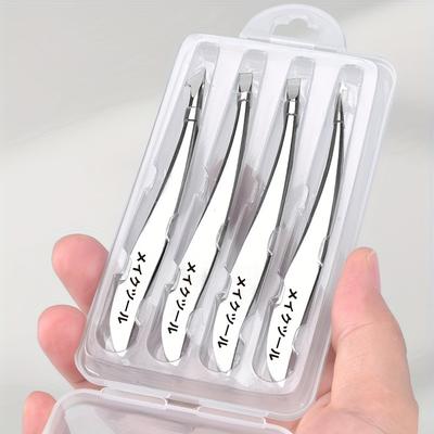 TEMU Japanese Banana Stainless Steel Precision Tweezers Set, 4pcs, Unscented, For Eyebrow, Eyelash, And Removal Image