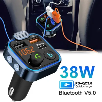 Bluetooth 5.0 FM-Transmitter Auto Stärker Dual Mikrofone Deep Bass Sound 38W PD&QC3.0 Autoladegerät Image