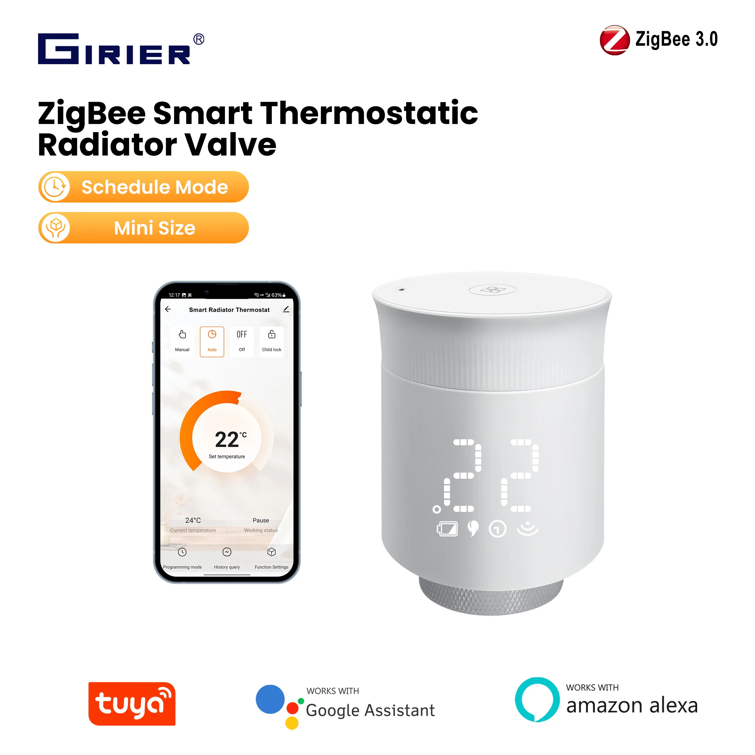 GIRIER TRV Tuya Smart Heizkörperthermostat ZigBee Thermostatventil Programmierbarer Temperaturregler Funktioniert mit Alexa Image