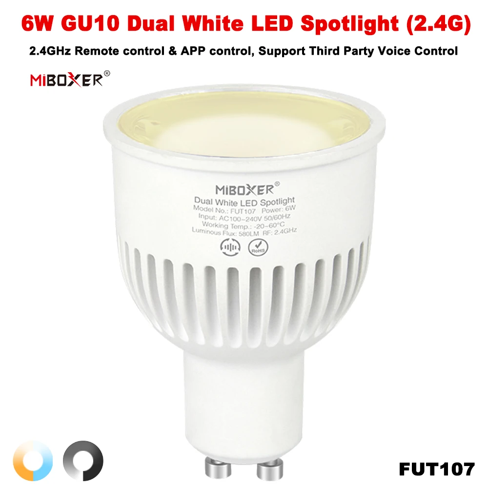 Miboxer FUT107 2,4 GHz AC100–240 V Smart TUYA 6 W GU10 Dual White Bulb Helligkeit und Farbtemperatur einstellbarer LED-Strahler