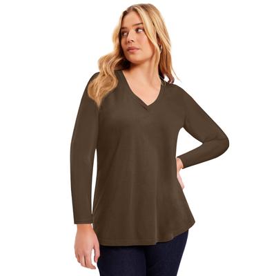 Plus Size Women's Long-Sleeve V-Neck One + Only Tee by June+Vie in Cocoa (Size 10/12)