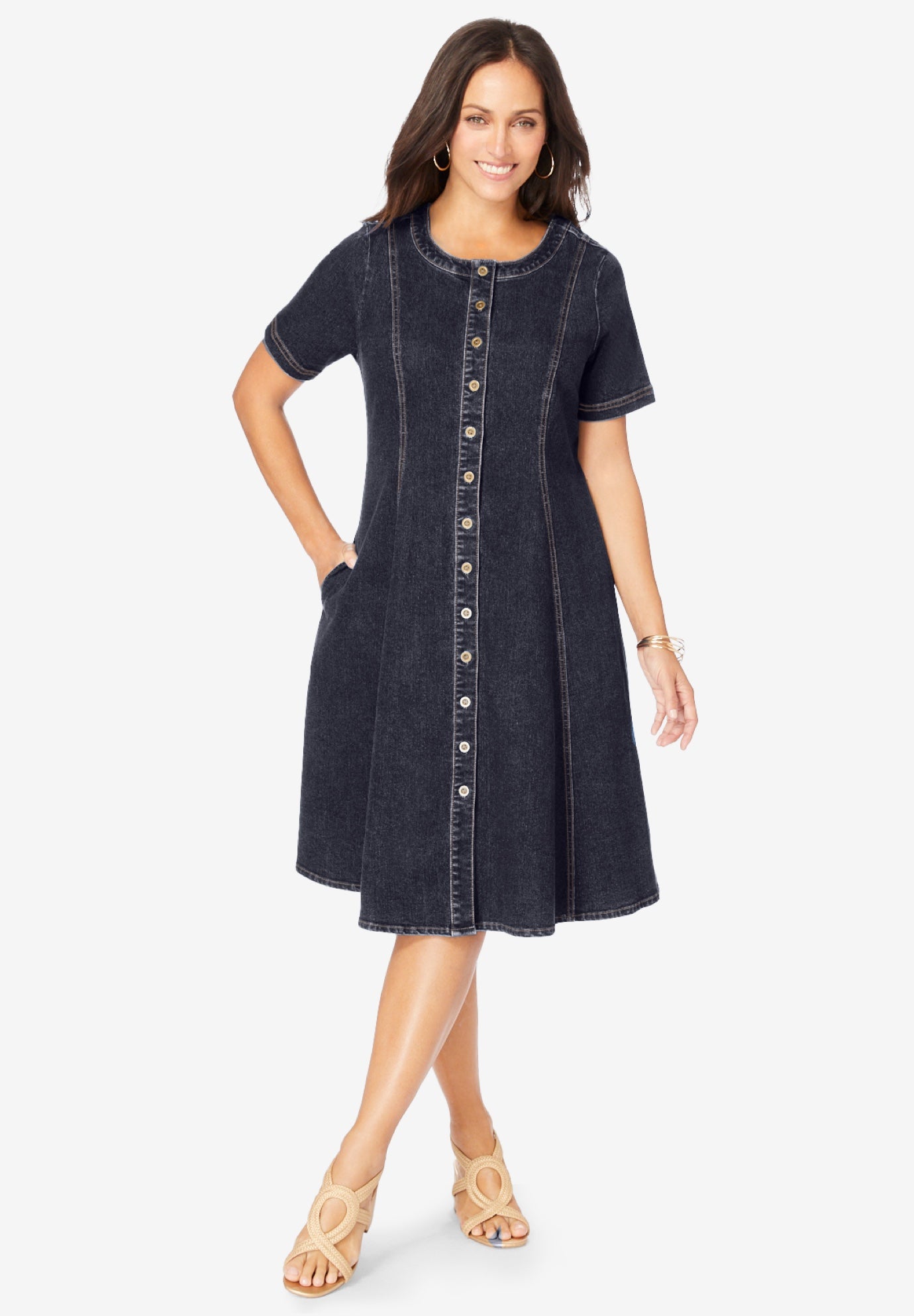 Plus Size Women's Button Front Denim Dress by Jessica London in Indigo (Size 14 W)