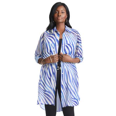 Plus Size Women's Sheer Georgette Mega Tunic by Jessica London in Twilight Blue Zebra (Size 32 W) Long Sheer Button Down Shirt