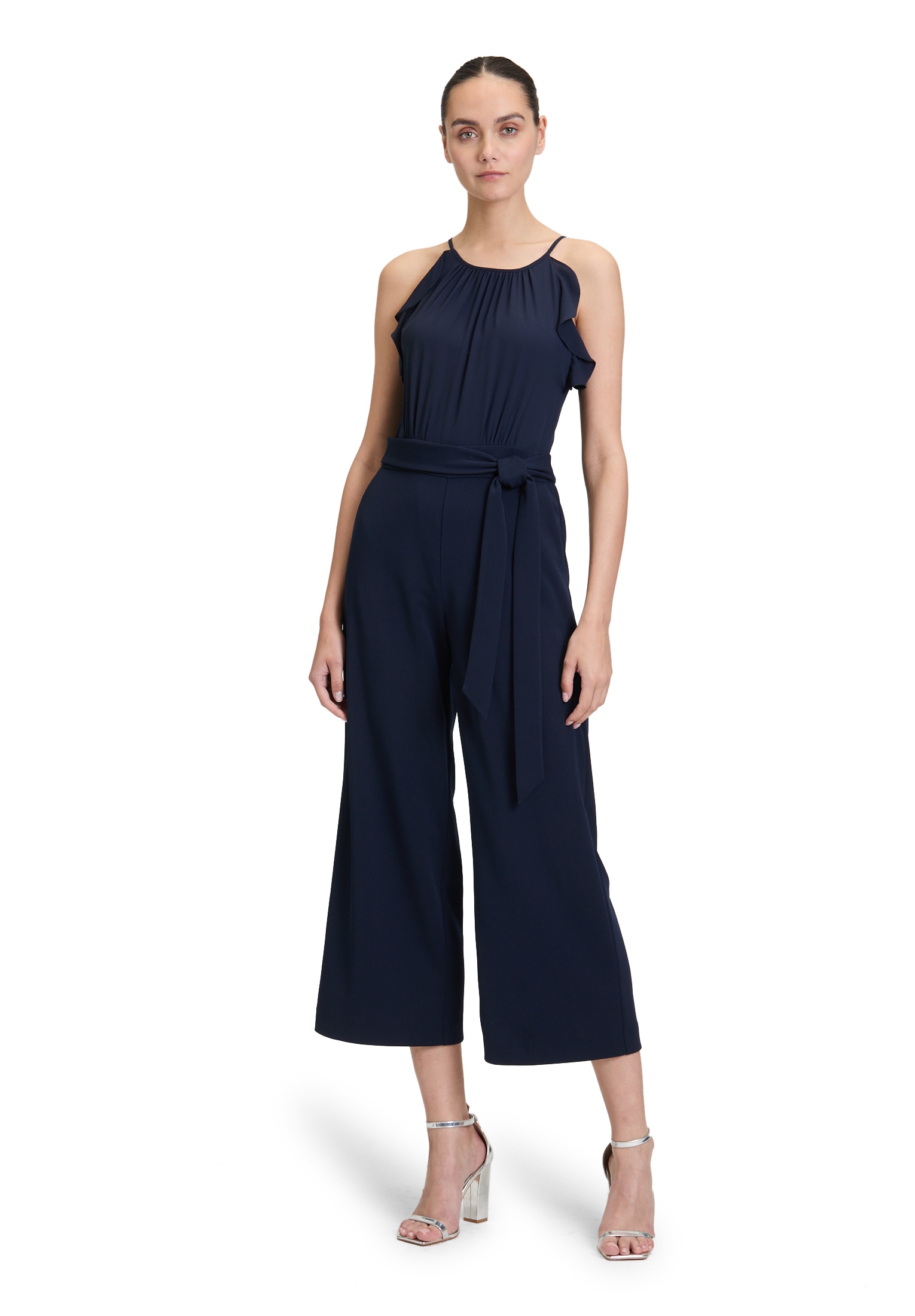 Overall VERA MONT "Damen Jumpsuit mit Volant", Damen, Gr. 32, blau (night sky), Obermaterial: 95% Polyester recycelt, 5% Elasthan., festlich, figurumspielend, amerikanischer Ausschnitt, Overalls, Bindeband Image
