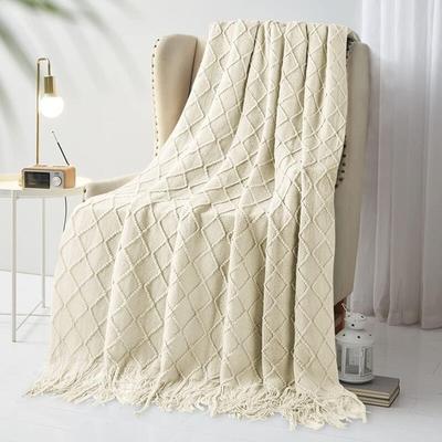 Karierte Strickdecken, Bettüberwurf, Fransendecke, Dekoration, Strickdecke, 150 x 200 cm (Beige)