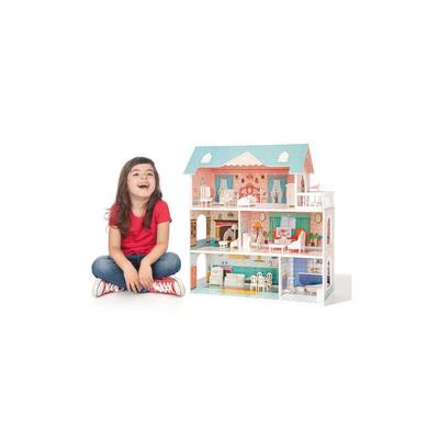 Puppenhaus, Traumhaus aus Holz, Hölzernes Puppenhaus-Spielset mit Möbeln und Zubehör, echtes