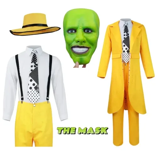 Le masque Cosplay Costume Halloween Carrey Cosplay uniforme Anime Costumes jaune Trench chapeau carnaval fête Jim Clown masque pour hommes