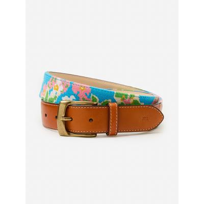 J.McLaughlin Men's Needlepoint Belt in Floral Blue, Size 38 | Cotton/Leather