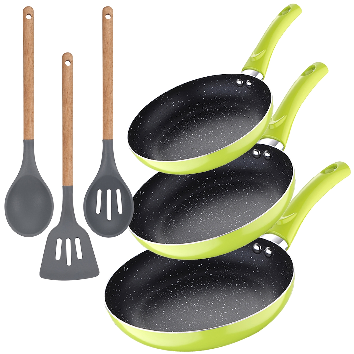 San Ignacio - 3-teiliges Set Pfannen (20/24/28 cm) aus gepresstem Aluminium in Grün mit 3-teiligen Küchenutensilien aus Silikon-Holz Image