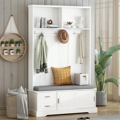 Cusp Barn Elegant Mudroom Bench Cabinet with Sliding Doors, Versatile Coat Rack with 6 Silvery Hooks & Handles for Living Room