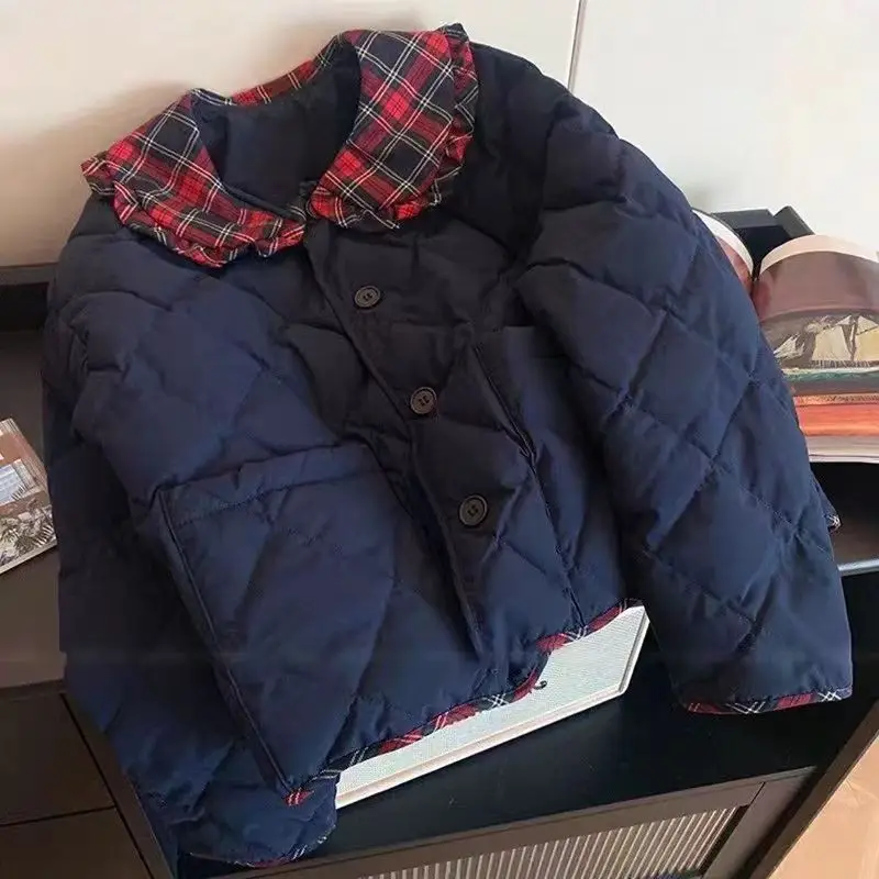 Koreanische Vintage Navy Tasche Gitter Einfassung Peter Pan Kragen Baumwolle Parkas Winter Jacke Frauen Mantel Kurze Dicke Kleidung Streetwear