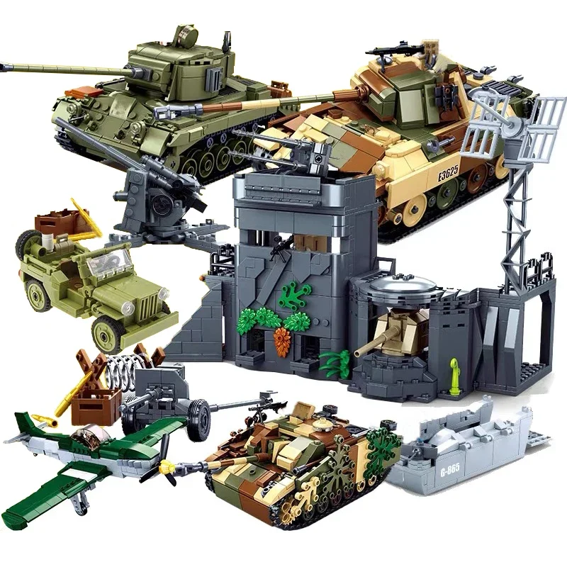 SLuban MOC WW2 Serie Normandie Landung P-51 Mustang Fighte Bausteine Higgins Landung Handwerk Modell Ziegel Tank Spielzeug Für Kinder