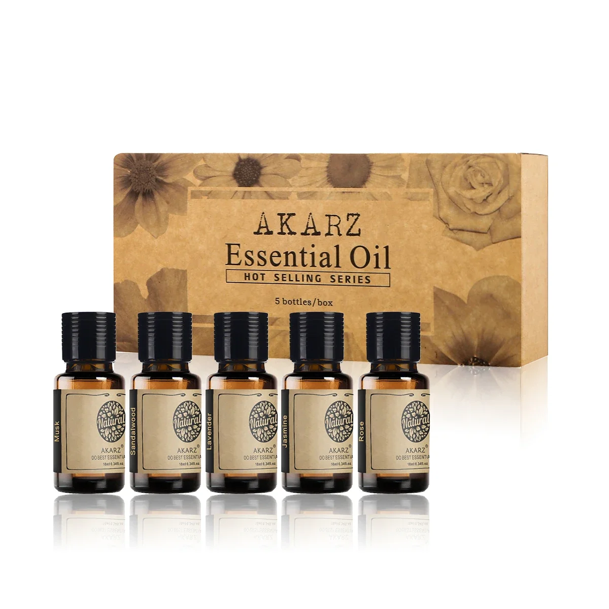 Akarz Hots Serie ätherische Öle Geschenkset Moschus, Sandelholz, Lavendel, Jasmin, Rose Aroma therapie öle für Diffusor, 10ml Flaschen Image