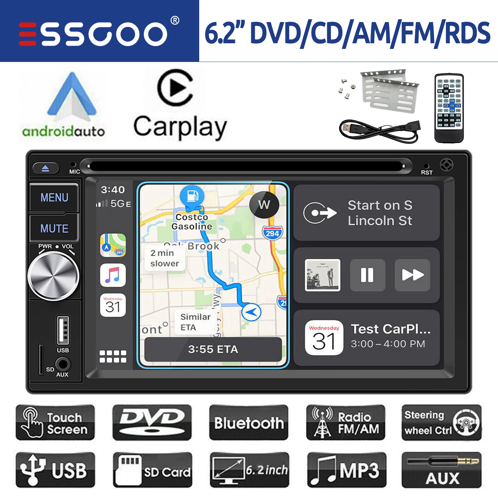 ESSGOO 6.2 Zoll Apple Carplay Android Auto Doppel 2 DIN Autoradio Radio CD DVD Player AUX FM Bluetooth USB MP5 Mirror Link Touchscreen Lenkradsteuerung EQ
