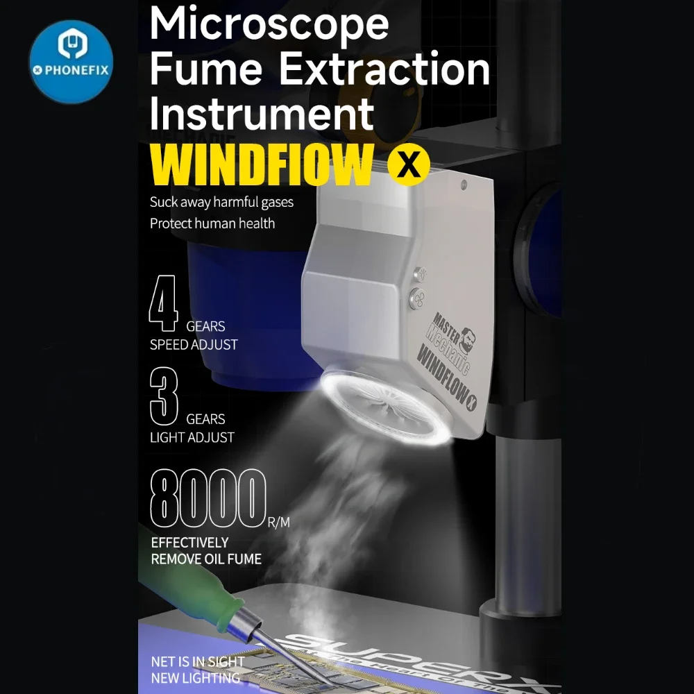 MECHANIC 2-in-1 WindFlowX-Mikroskop-Dampfabsauger mit LED-Ringlicht für Telefon, PCB, Löten, Rauch entfernen, Luftreiniger-Werkzeug Image