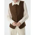 FSLE Gilet di lana da donna Inverno Marrone Corto senza maniche Top in maglia 57,2% lana Girocollo Pendolari Gilet semplici Cappotti 24FS14474
