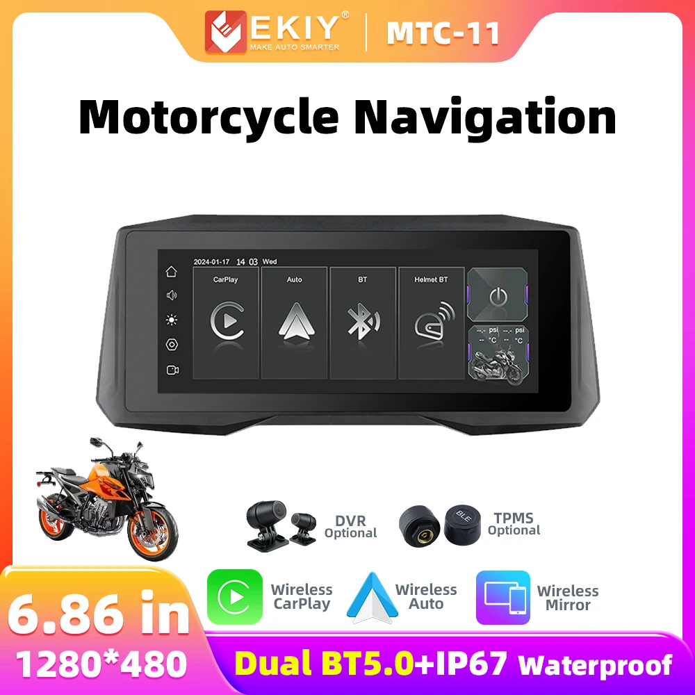 Ekiy mtc11 6,86 motorrad navigation drahtloser carplay bildschirm motorrad drahtloser android auto monitor tpms dvr dual bt Image