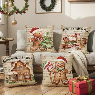 Neue Weihnachten Lebkuchen Puppe Gedruckt Kissenbezug Leinen Hause Sofa Kissenbezug Schlafzimmer Kissenbezug 45x45 cm Image