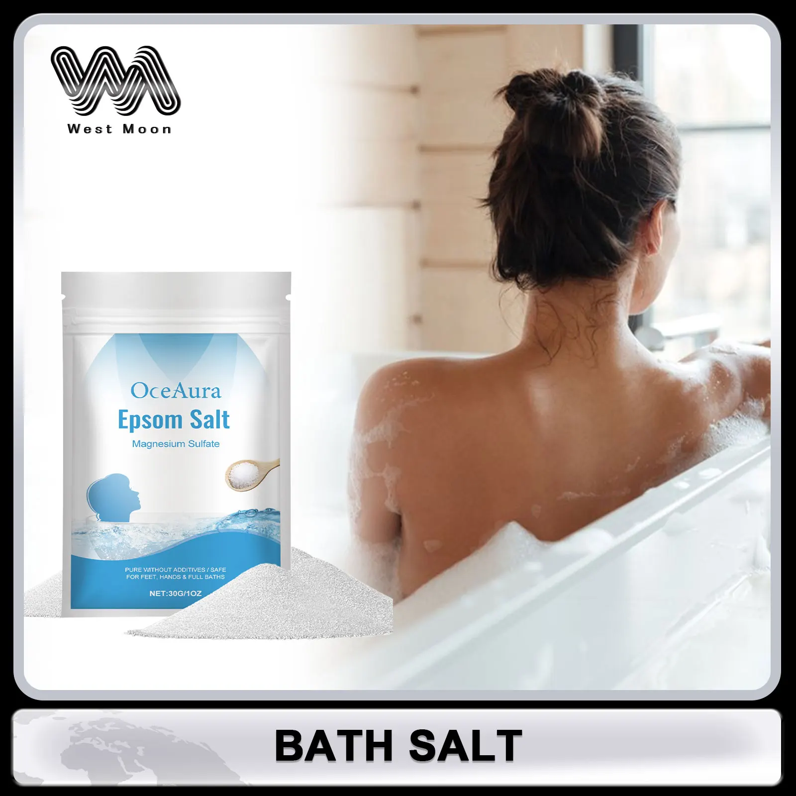 Badesalz, Spa, Peeling, Entfernung abgestorbener Haut, Verbesserung der Rauheit, Glättung, Reinigung der Haut, Körperwäsche, beruhigende, feuchtigkeitsspendende Hautpflege Image