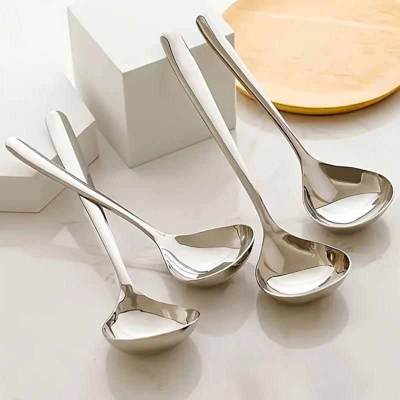 2 Stück robuste Servierlöffel aus Edelstahl, rostbeständig, langer Griff für einfache Küchengebrauch mit Suppe, Brei Image