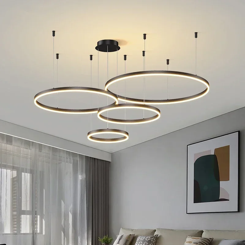 Minimalist ische moderne LED Kronleuchter Home Beleuchtung gebürstete Ringe Decke montiert Kronleuchter Beleuchtung Hängelampe Gold & Schwarz Rahmen