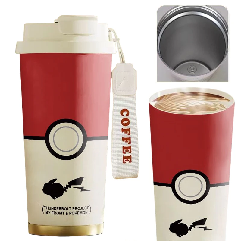 520ML Pikachu Reise Kaffee Becher Edelstahl Tragbare Thermische Becher Auslaufsicher Tee Kaffee Tasse Auto Vakuum Flaschen Griff Image