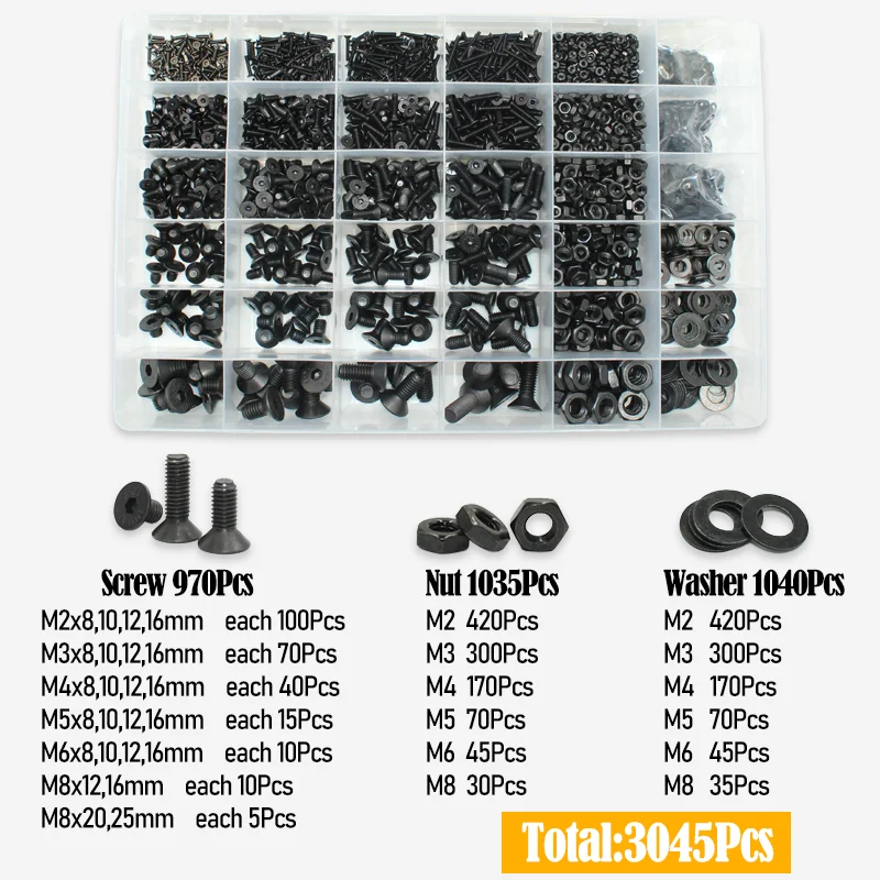 2520 Teile/satz Flachkopf Innensechskantschraube Schwarz Güteklasse 10,9 Stahl Innensechskant Flachsenkkopfschraube Bolzen Mutter Unterlegscheibe Kit Image