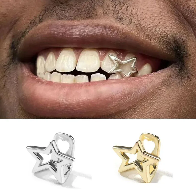 Halloween Unregelmäßige Hohl Pentagramm Stern Zähne Grillz Hip Hop Gold Silber Farbe Zahn Kappen Für Frauen Männer Schmuck Image