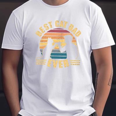 "TEMU Men's Casual Crew Neck T-shirt, "best Cat Dad" Sunset Print, Summer Short Sleeve Tee, 100% Polyester Knit Fabric, Stretch, Regular Fit, Geometric Pattern - 150gsm" Image