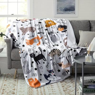 TEMU 1pc Cute Cat Print Flannel Blanket, , Anti-tear, Hypoallergenic, Throw For Home, Kitchen, Bed, Couch, Camping, 200-250g Polyester Knit, , Gift For