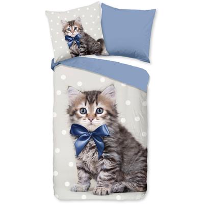 Kinderbettwäsche GOOD MORNING "Mae", blau, B/L: 135cm x 200cm, , Renforcé, B/L: 80cm x 80cm, Renforcu00e9, Obermaterial: 100% Baumwolle, Bettwäsche, 100% Baumwolle, 135x200, Reißverschluss, Wende, Kind, Katze, Blau Grau