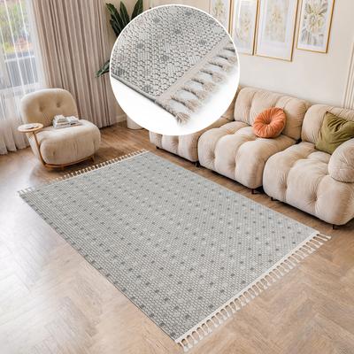 Teppich BRUNO BANANI "Dotty" Gr. 1, beige (creme, hellgrau), B:60cm H:6mm L:90cm, Kunstfaser, Teppiche, Woll-Optik, Hoch-Tief Struktur, In- und Outdoor geeignet, mit Fransen Image