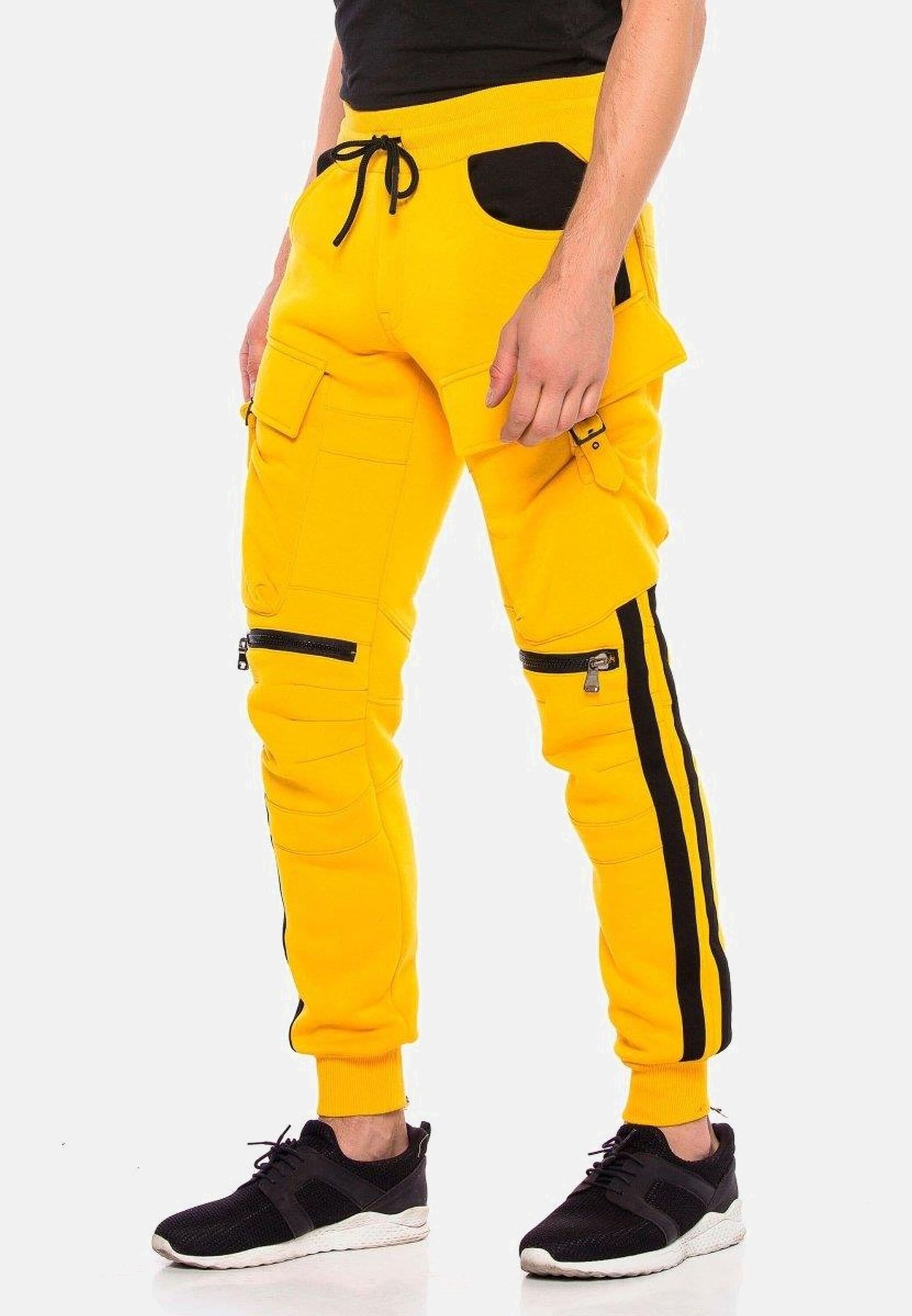 Trainingshose CIPO & BAXX "HOMEWEAR", Herren, Gr. XXL, US-Größen, gelb, 70% Baumwolle, 30% Polyester, gestreift, regular fit knöchellang, Hosen Trainingshose, im sportlichen Look, CR125