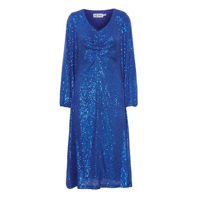 Jerseykleid ICHI "Jerseykleid IHFauci", Damen, Gr. S, blau (lapis blau), Obermaterial: 95% Polyester PES. 5% Elasthan EL., unifarben, festlich, regular fit knielang, V-Ausschnitt, Kleider