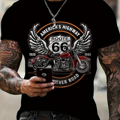 "TEMU Men's 3d Digital Motorcycle And """" With Wings Pattern Crew Neck T-shirt, Summer Top For Outdoors And Sports Wear"