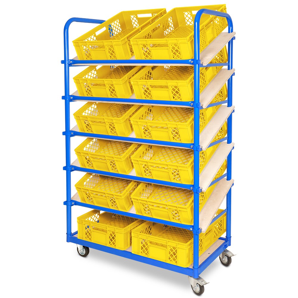 BRB Schrägboden-Regalwagen mit 6 Ebenen, BxTxH 1050x500x1690 mm, 2 Lenk- (mit Feststellbremse) u. 2 Bockrollen mit 12 Euroboxen BxTxH 600x400x150 mm Image