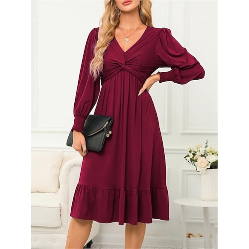 Per donna Abito Midi Vestito Casual Abito da Cocktail Abito in Raso Vestito a ruota Casual Sport Outdoor Streetwear Vestibilità regolare Semplice Manica Lunga Scollo a V Nero Blu Fucsia Autunno