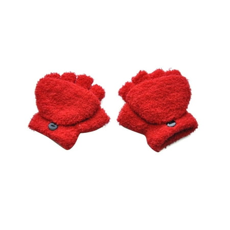 Zwiiyzr Kids Convertible Mittens Fingerless Winter Glove Toddler Solid Color Knit Half Finger Mittens Flap Full Finger Glove Xmas Gifts for 5-11 Years Old Red