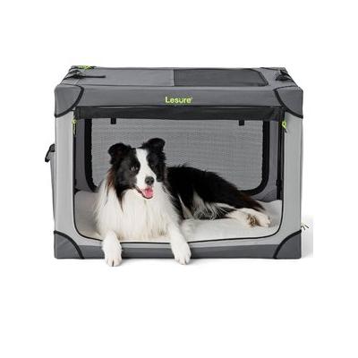 Lesure Indoor & Outdoor Soft-Sided Collapsible 4-Door Dog & Cat Travel Crate Kennel with Durable Mesh Windows, Grey, Large: 36 inch
