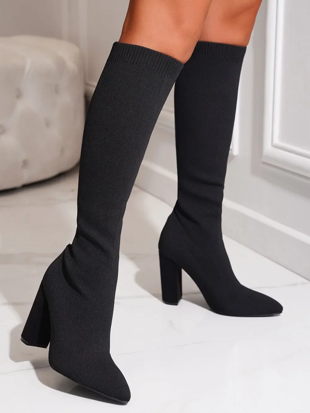 Plus Größe 42 Plattform Stiefel Frauen Schuhe Mesh Stricken lange Stiefel High Heels kniehohe Stiefel Frauen Schuhe