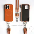 Cavo di ricarica USB con cordino versatile Custodia per telefono in vera pelle per iPhone 16 Pro Max 15 14 13 12 11 Cover posteriore magnetica Magsafe
