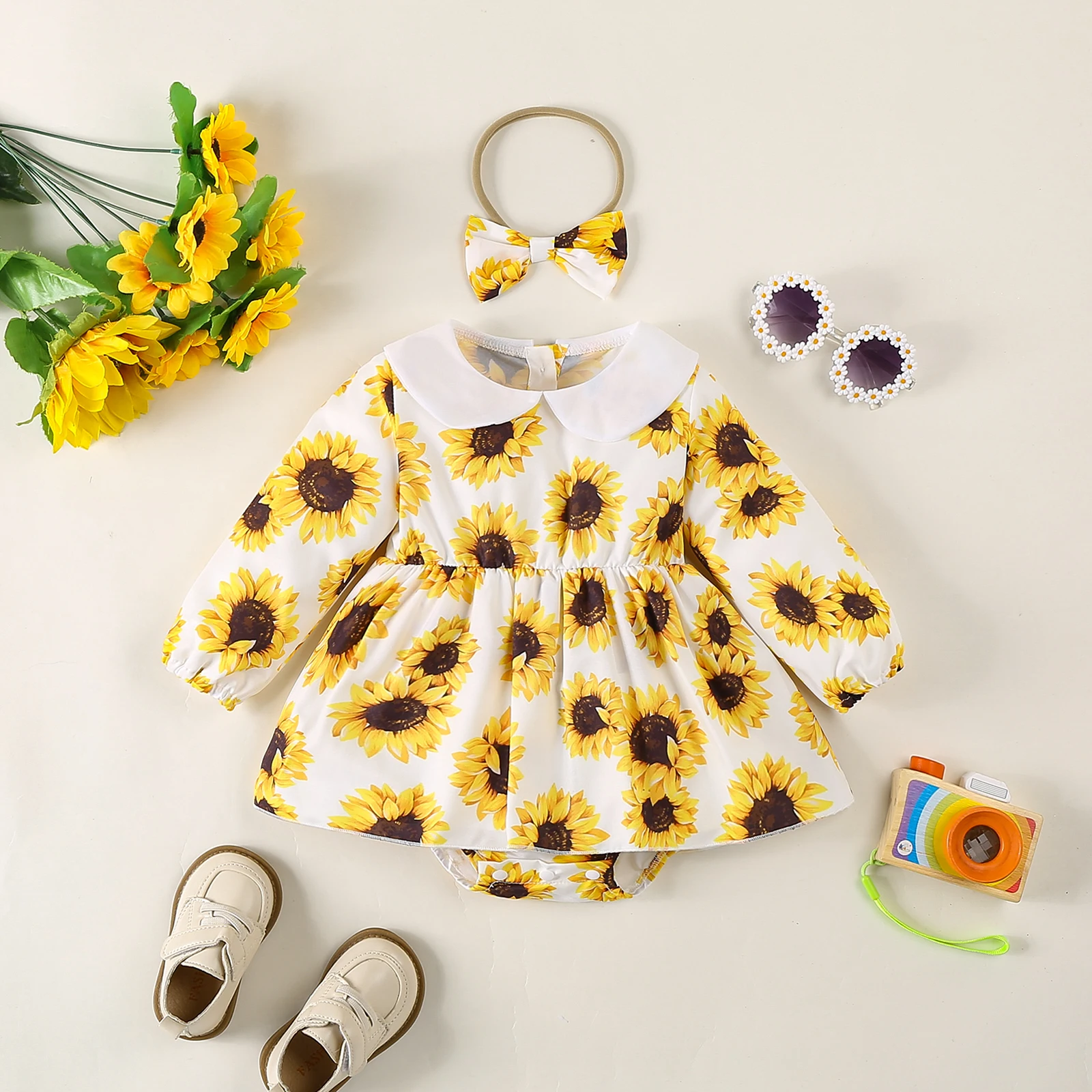 Baby Mädchen Baby Mode Niedliche Blume Ganzkörper Gedruckt Puppe Kragen Zurück Offene Schnalle Langarm Dreieck Overall Image