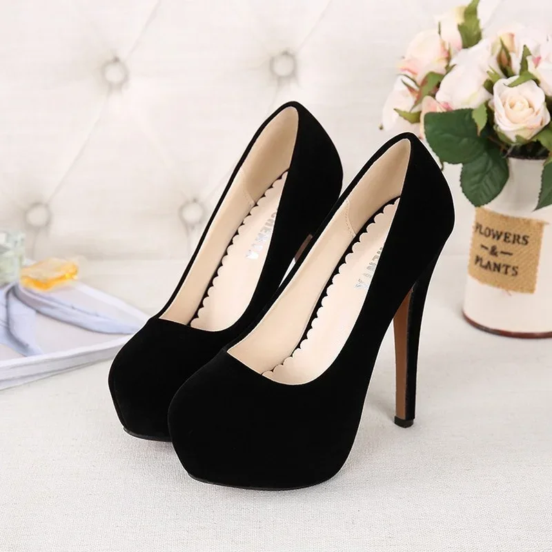 Damen-Pumps, modische Flock-Damensandalen, 14 cm Plateau-Hochzeitspumps, lässige dünne Absätze, Damenschuhe