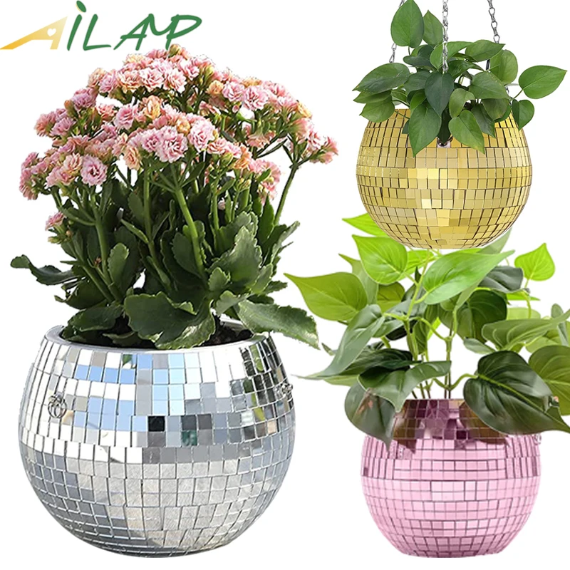 Discokugel-Pflanzgefäß, spiegelnd, hängend, mit Kette, Hydrokultur-Blumentopf, Haken-Blumentopf, Garten-Erdtopf, Pflanzgefäße, Balkon Image