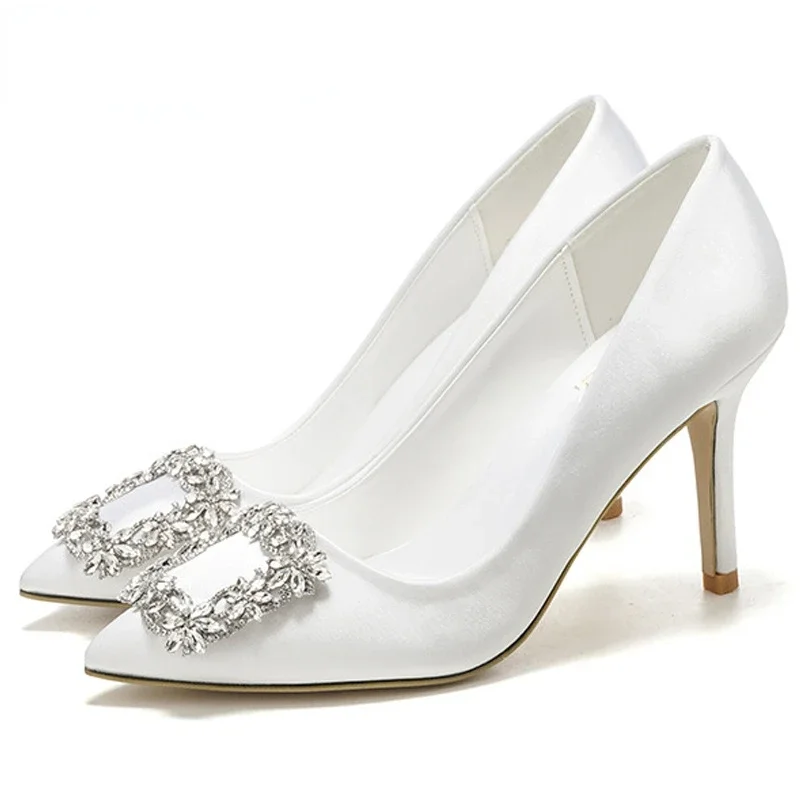 Koreanischer Stil, spitzer hoher Absatz, weiße Hochzeitsschuhe, Strass-Brautschuhe, kleine Schuhe, Größen 33–43, Kleid-Partyschuhe