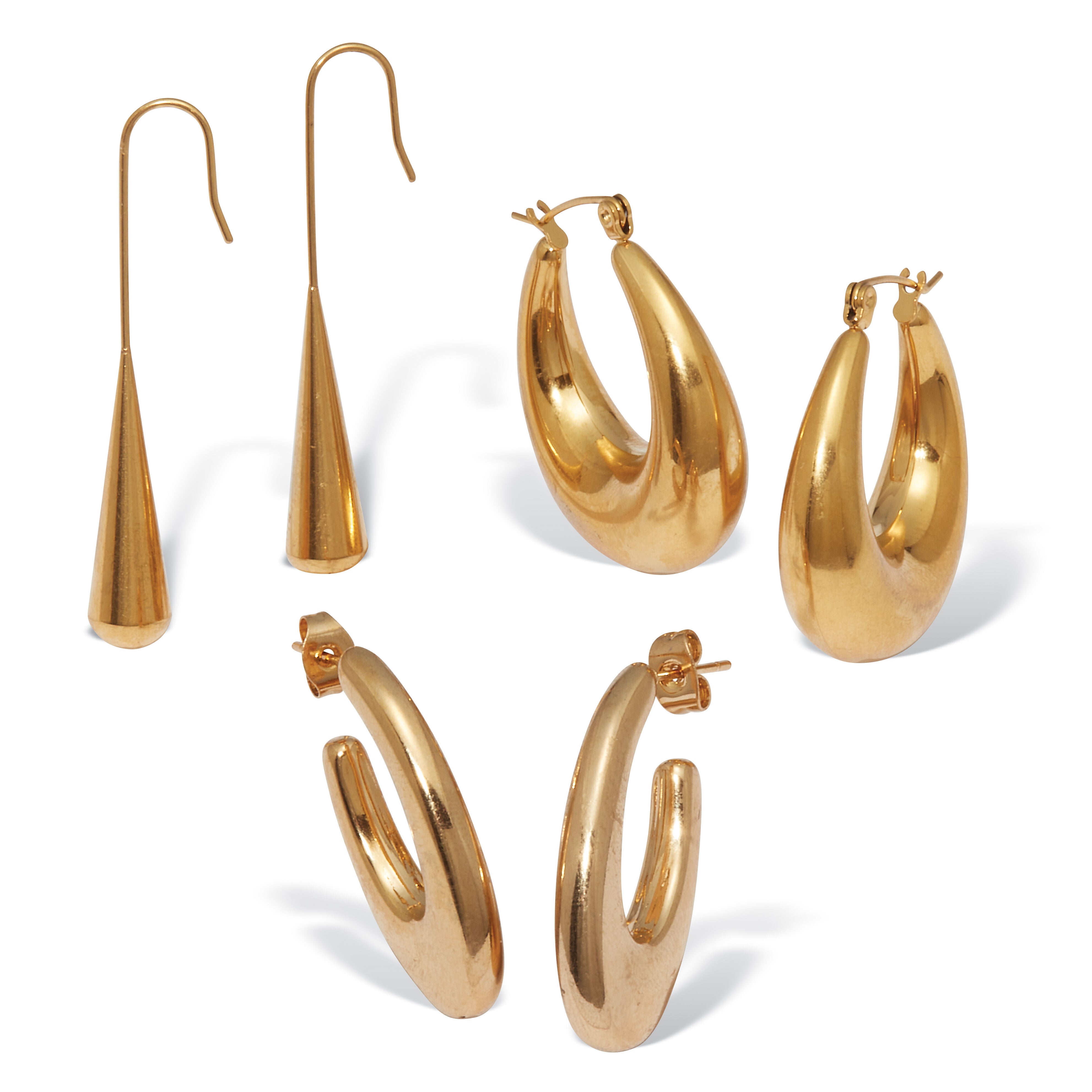 Women's Yellow Gold Ion-Plated Stainless Steel Hoop Earrings, 3-Pair Set by PalmBeach Jewelry in Gold