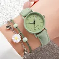 2 Teile/satz frauen Uhr Mode Arabisch Zifferblatt Leder Band Quarz Uhren Blume Armband Set Reloj Mujer Mädchen Uhr Geschenk