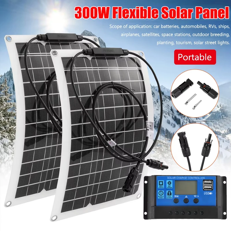 300 W Solarpanel 18 V flexible Solarzellen mit 10 A-100 A Controller-Kit Power Bank für Zuhause, Tourismus, Auto, Wohnmobil, Camping, Outdoor Image