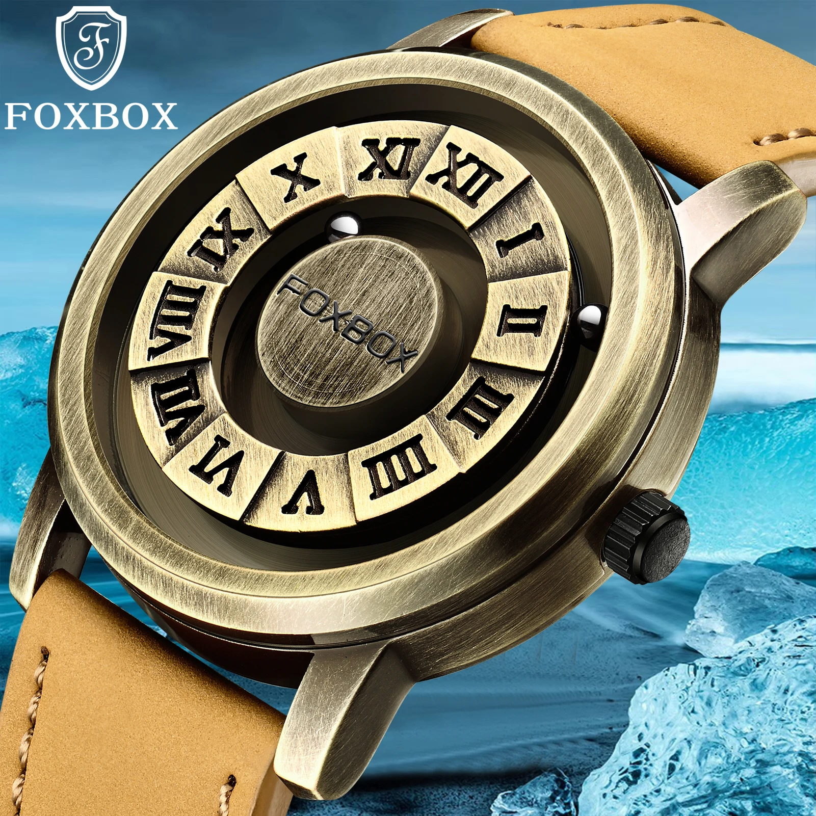 FOXBOX Mode Leder Uhr Männer Kreative Rolling Pointer Design Uhr Männer Casual Business Military männer Quarz Armbanduhren Image