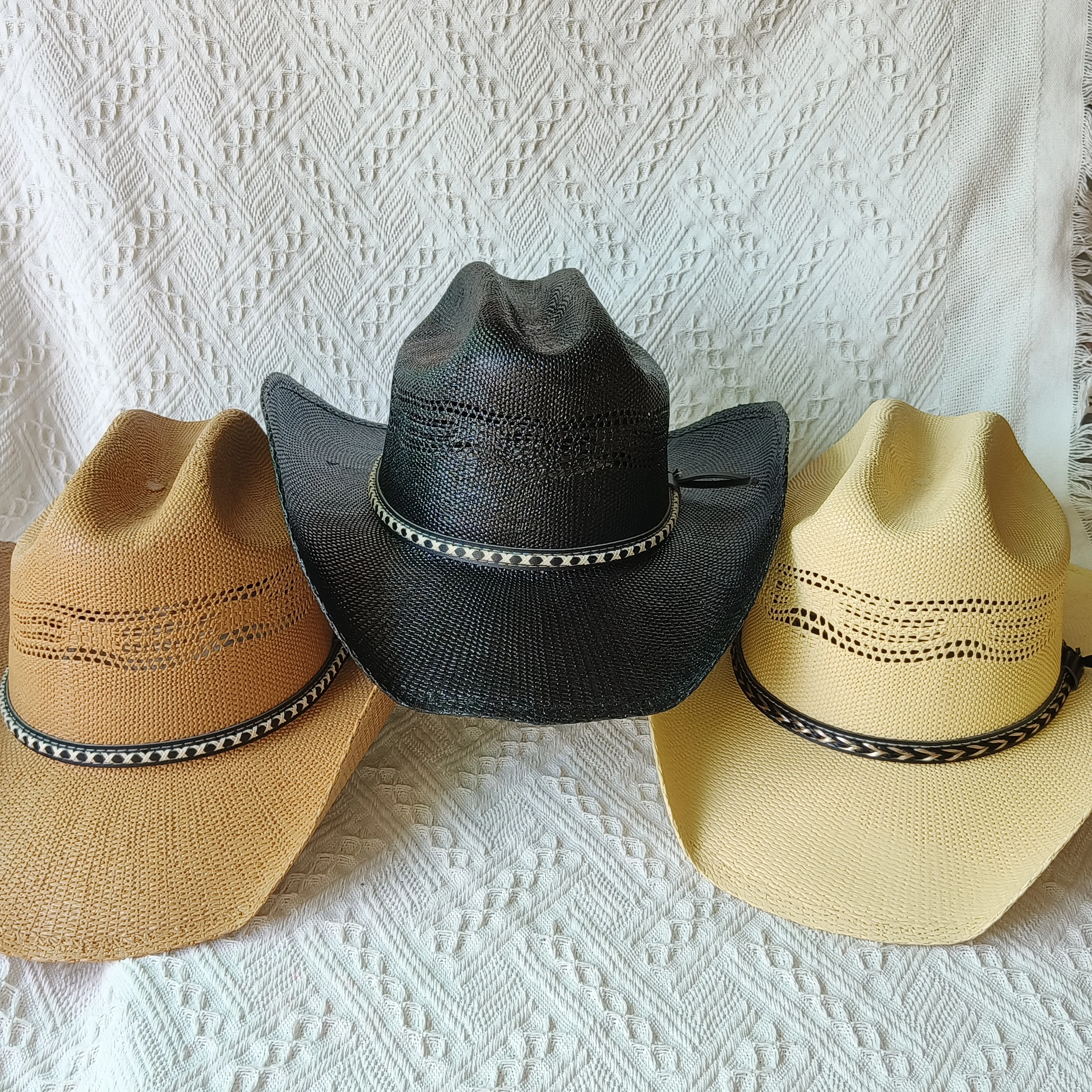 Western Cowboy Strohhut Frauen Große Krempe steifer Strohhut Cowboy solide Outdoor Sommer Sonnenschirm Jazz Hut Sombrero Vaquero Homme Image